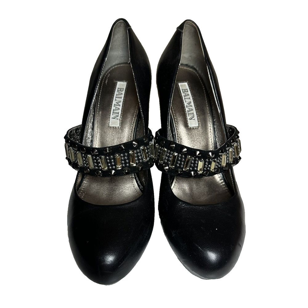 Balmain Size 39 Black Prag Noir‎ Studded Embellished Bling Banded Heels